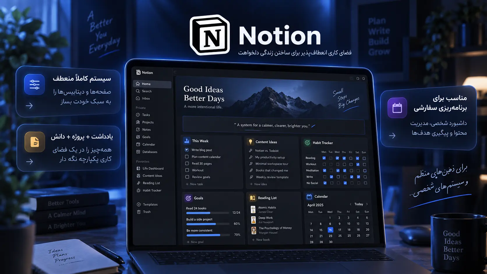 نمونه داشبورد برنامه ریزی شخصی در Notion با دیتابیس و نمای تقویم