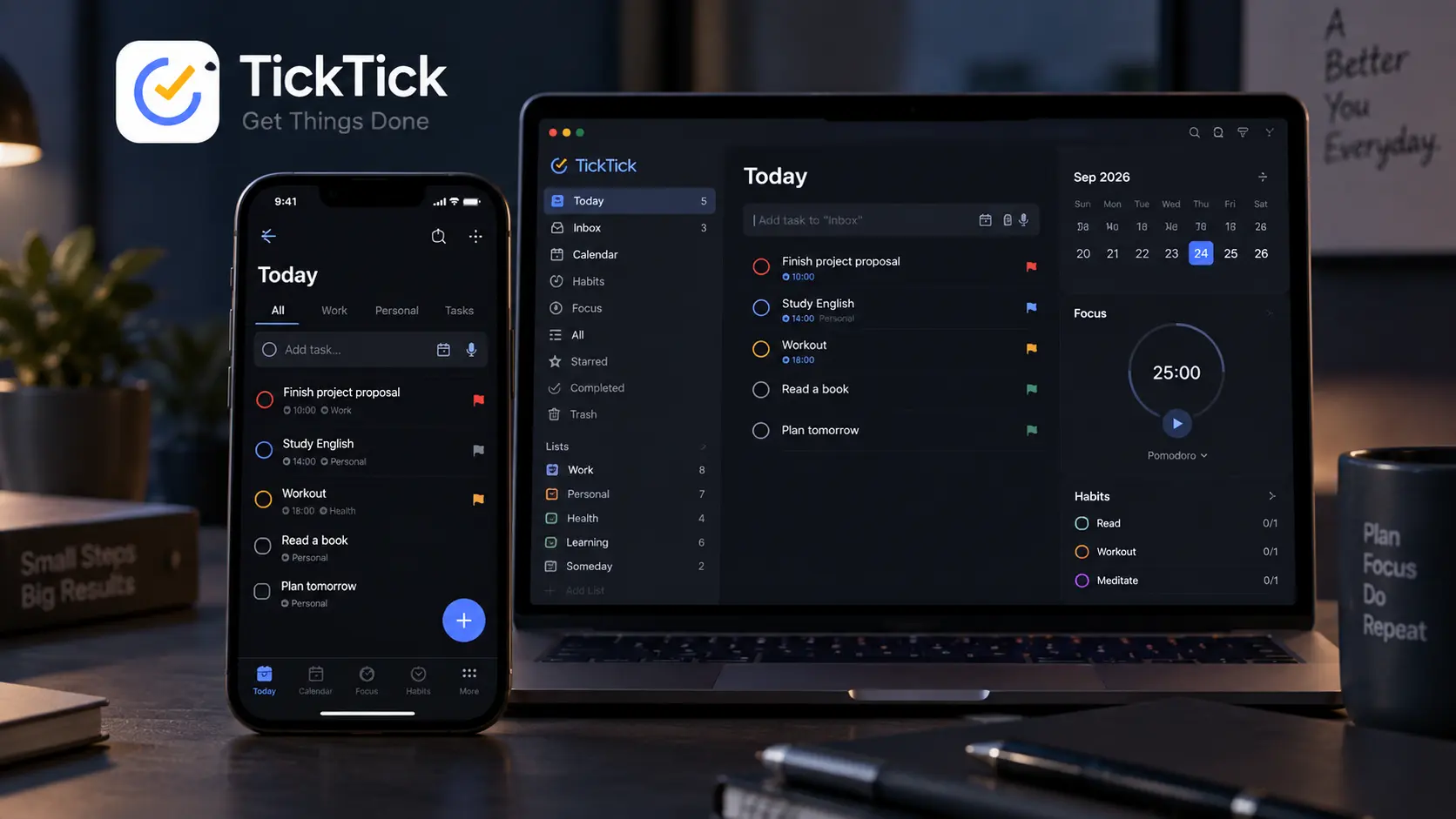نمای وظایف، تقویم، عادت‌ها و تایمر پومودورو در TickTick